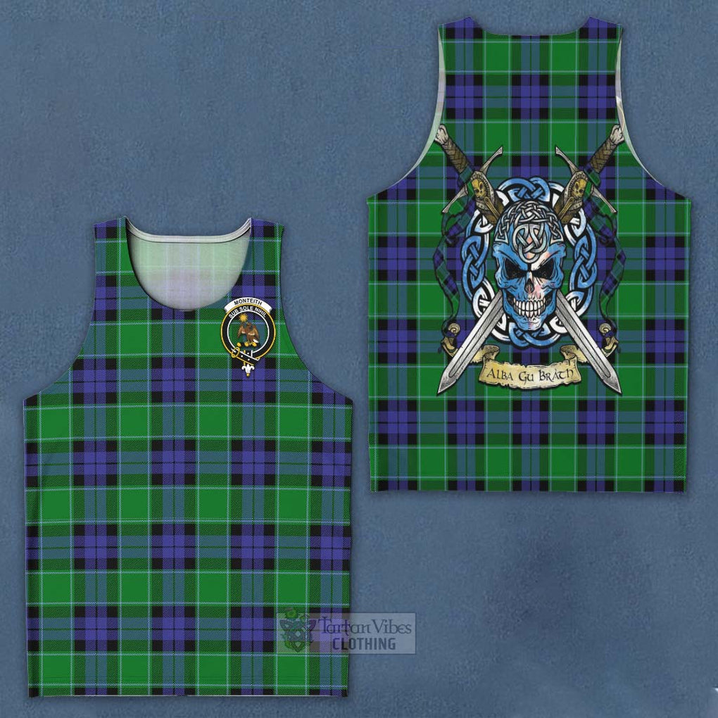 Tartan Vibes Clothing Monteith Tartan Men's Tank Top with Family Crest Celtic Skull Style