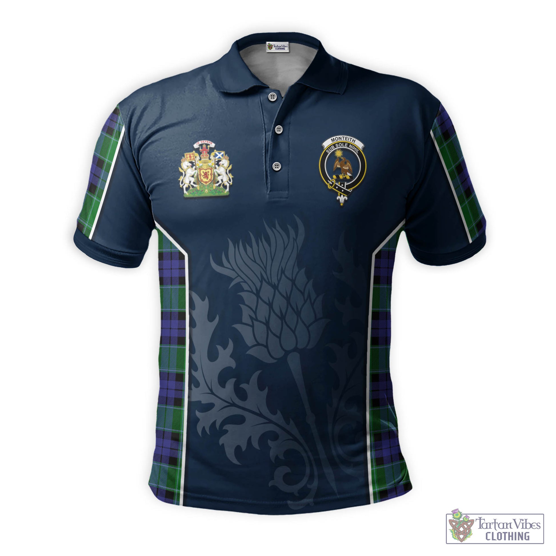 Tartan Vibes Clothing Monteith Tartan Men's Polo Shirt with Family Crest and Scottish Thistle Vibes Sport Style