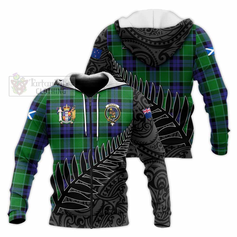 Tartan Vibes Clothing Monteith Crest Tartan Knitted Hoodie with New Zealand Silver Fern Half Style