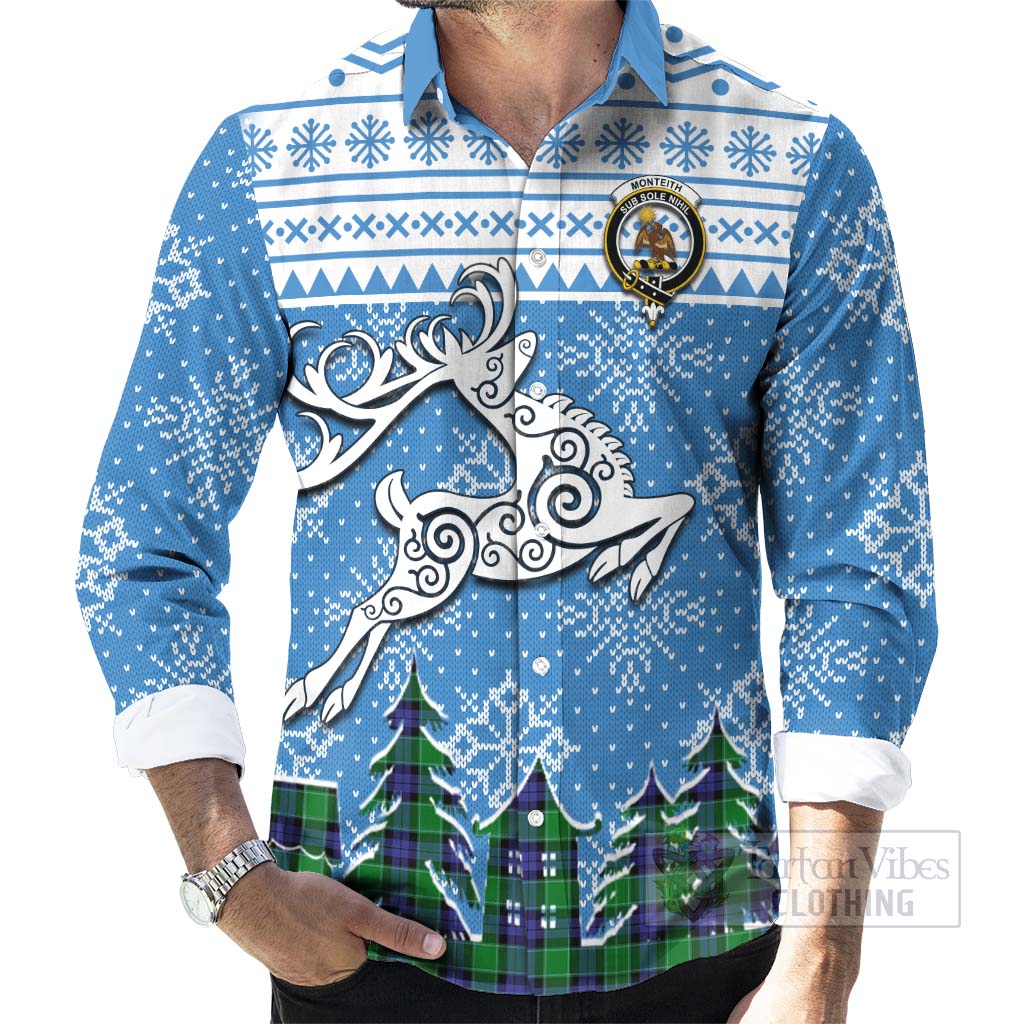 Tartan Vibes Clothing Monteith Clan Christmas Long Sleeve Button Shirt Celtic Reindeer Style