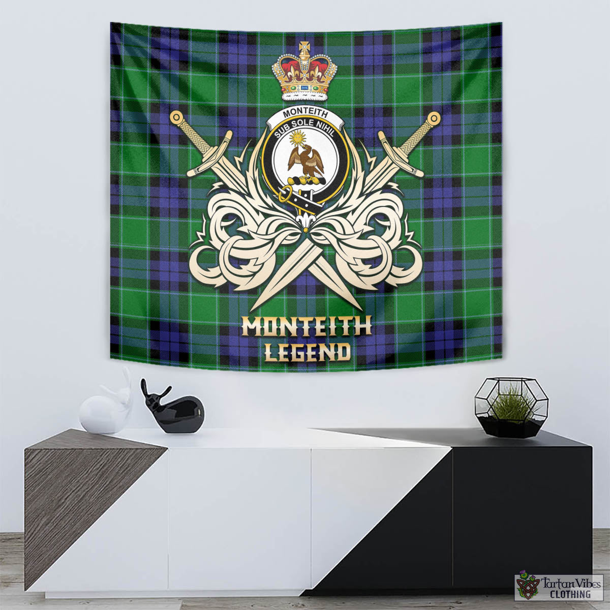 Tartan Vibes Clothing Monteith Tartan Tapestry with Clan Crest and the Golden Sword of Courageous Legacy