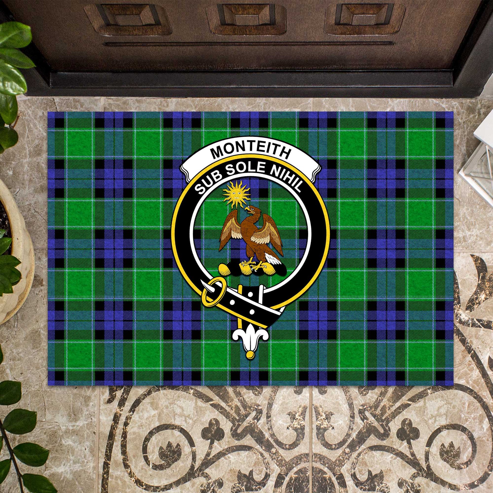 Monteith Tartan Door Mat with Family Crest - Tartanvibesclothing