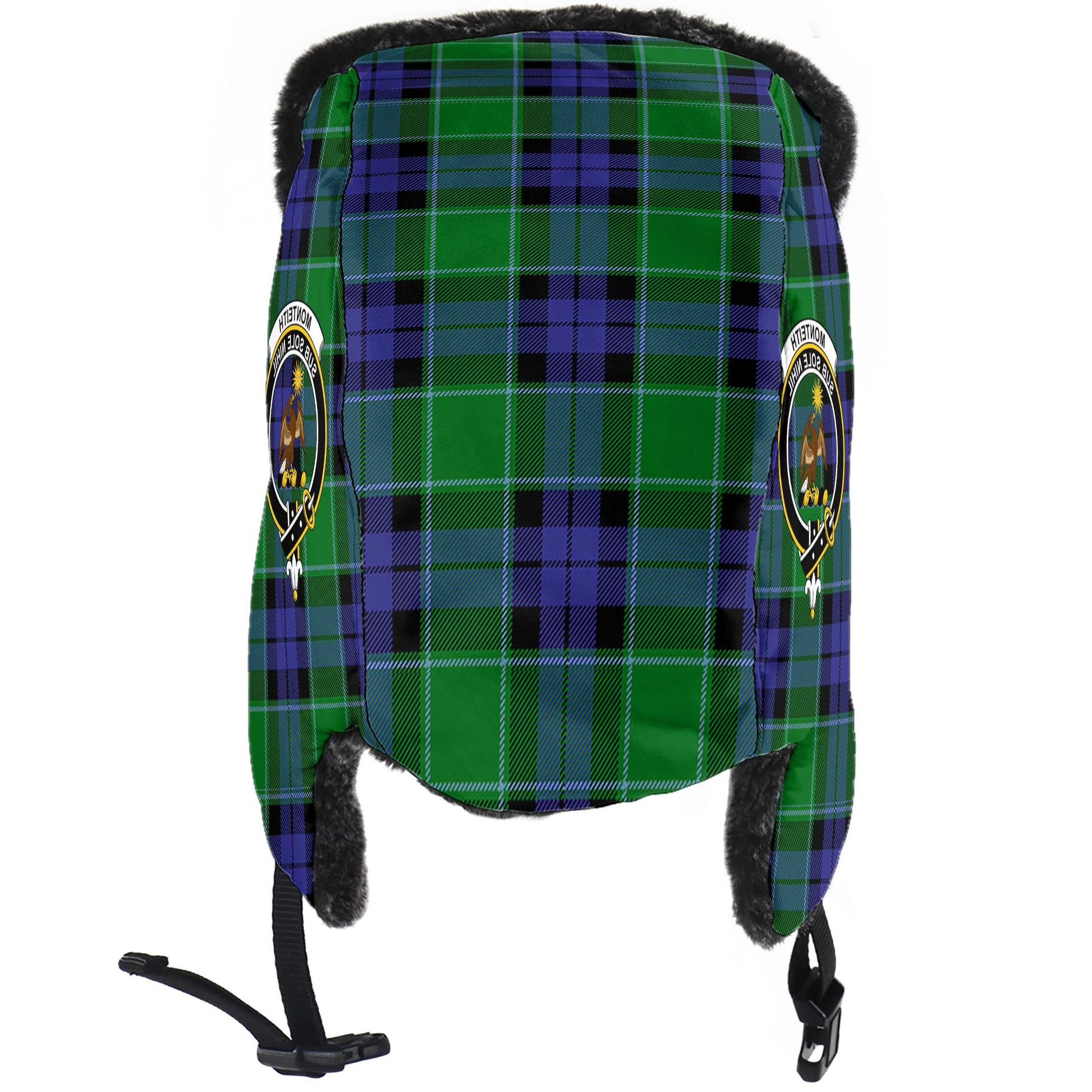 Monteith Tartan Winter Trapper Hat with Family Crest - Tartanvibesclothing