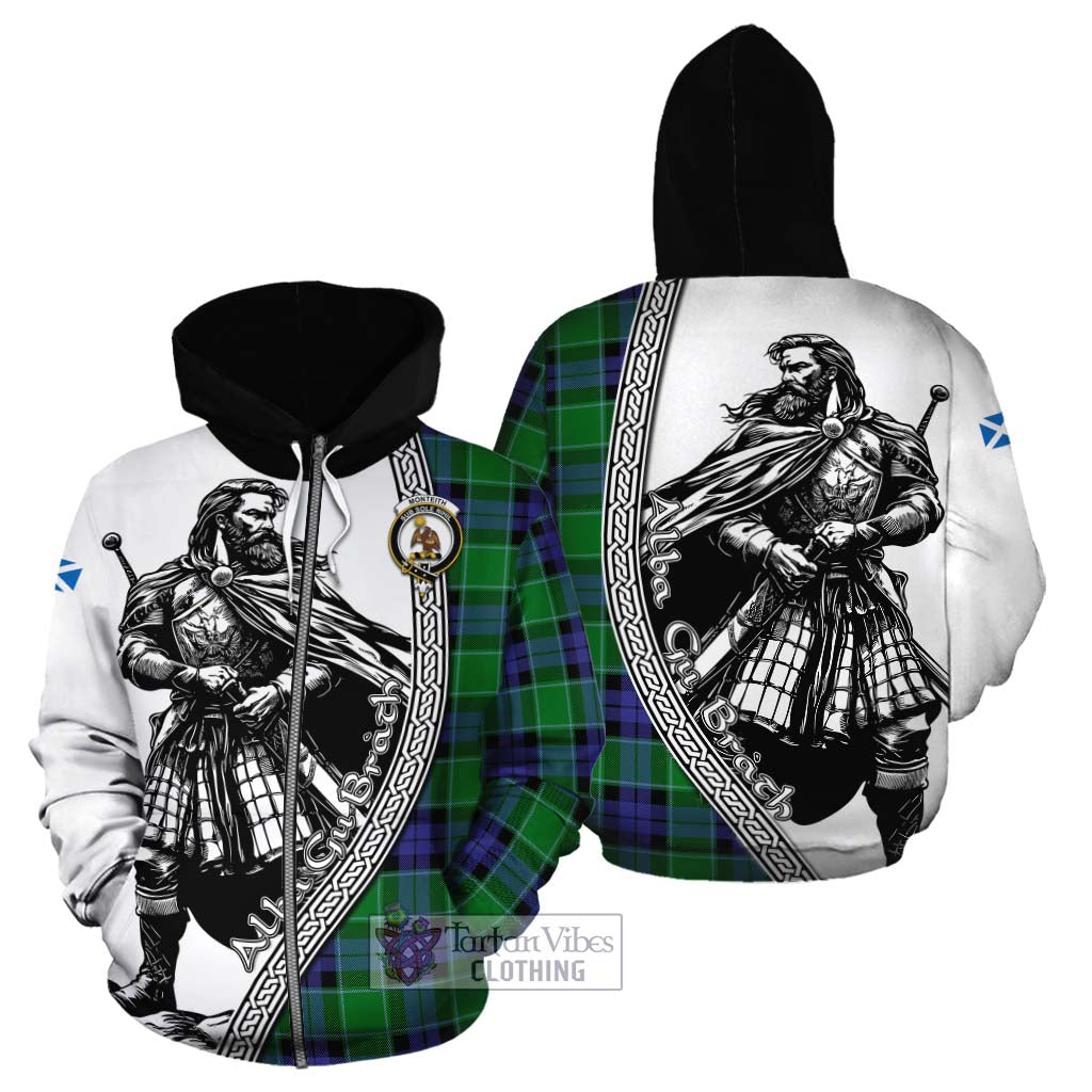 Monteith Tartan Clan Crest Cotton Hoodie with Highlander Warrior Celtic Style - Tartan Vibes Clothing