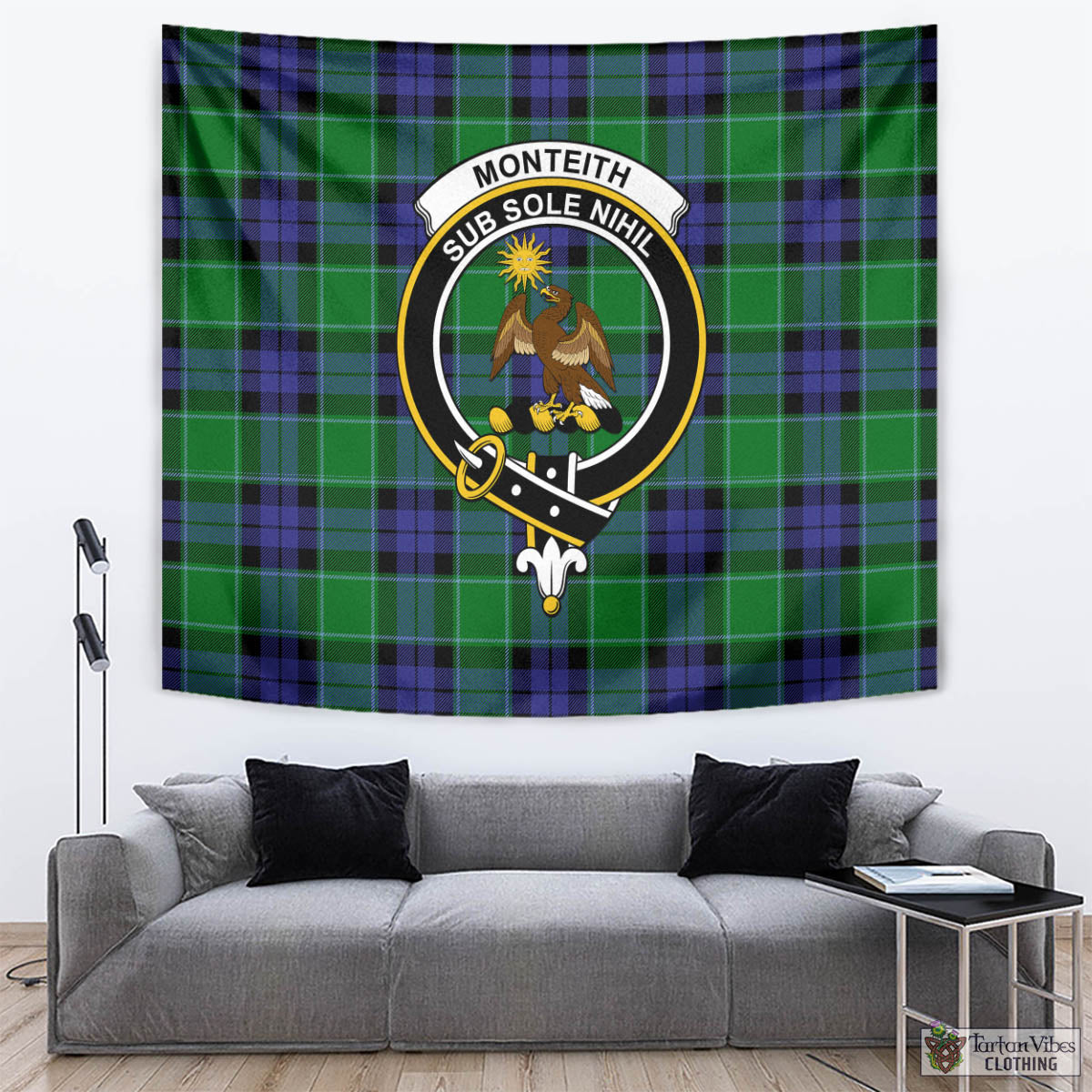 Tartan Vibes Clothing Monteith Tartan Tapestry Wall Hanging and Home Decor for Room with Family Crest