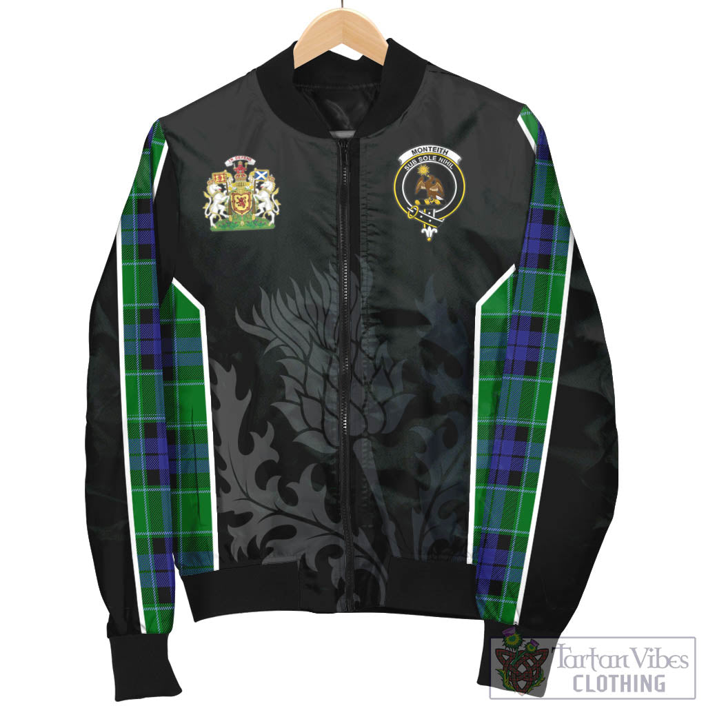 Tartan Vibes Clothing Monteith Tartan Bomber Jacket with Family Crest and Scottish Thistle Vibes Sport Style