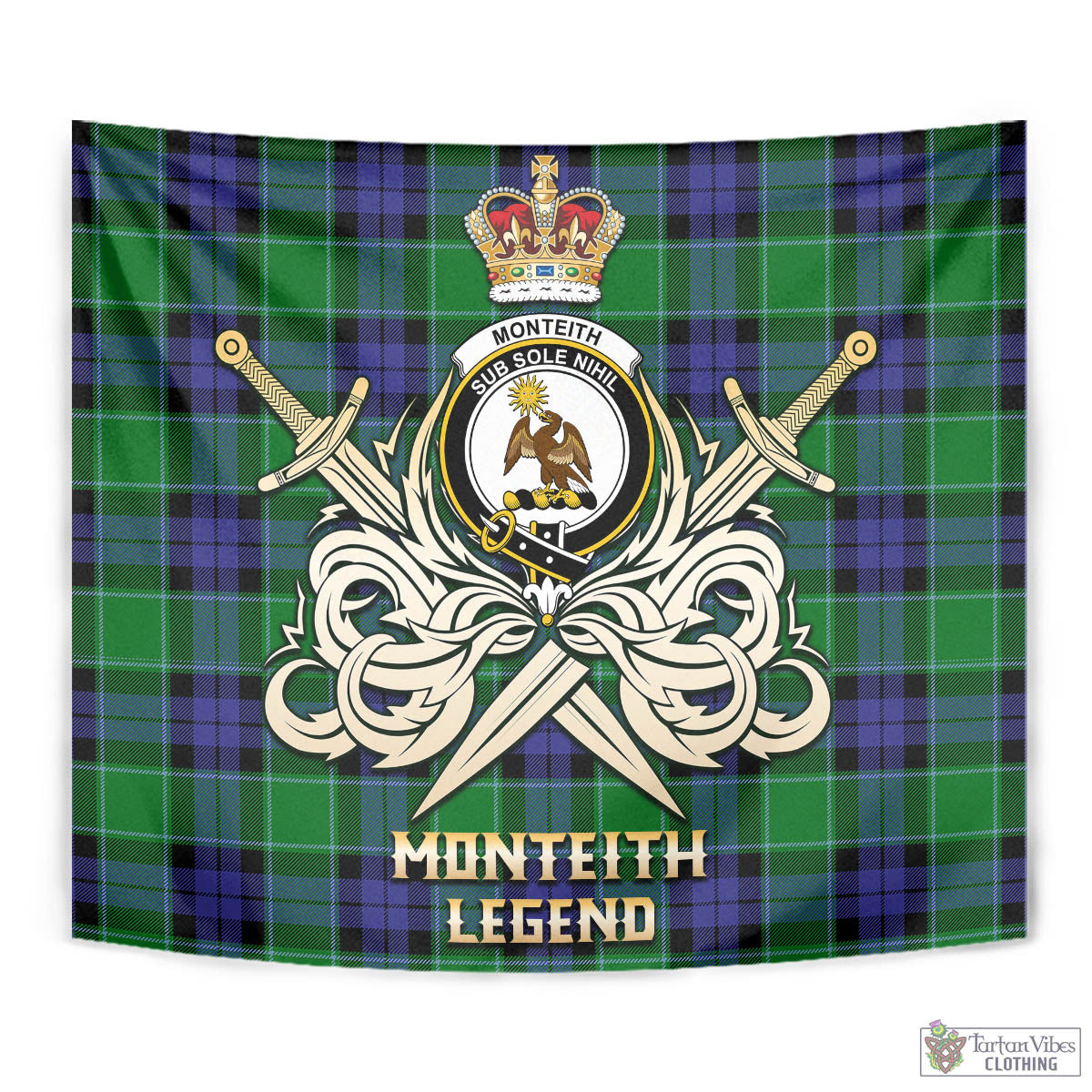 Tartan Vibes Clothing Monteith Tartan Tapestry with Clan Crest and the Golden Sword of Courageous Legacy