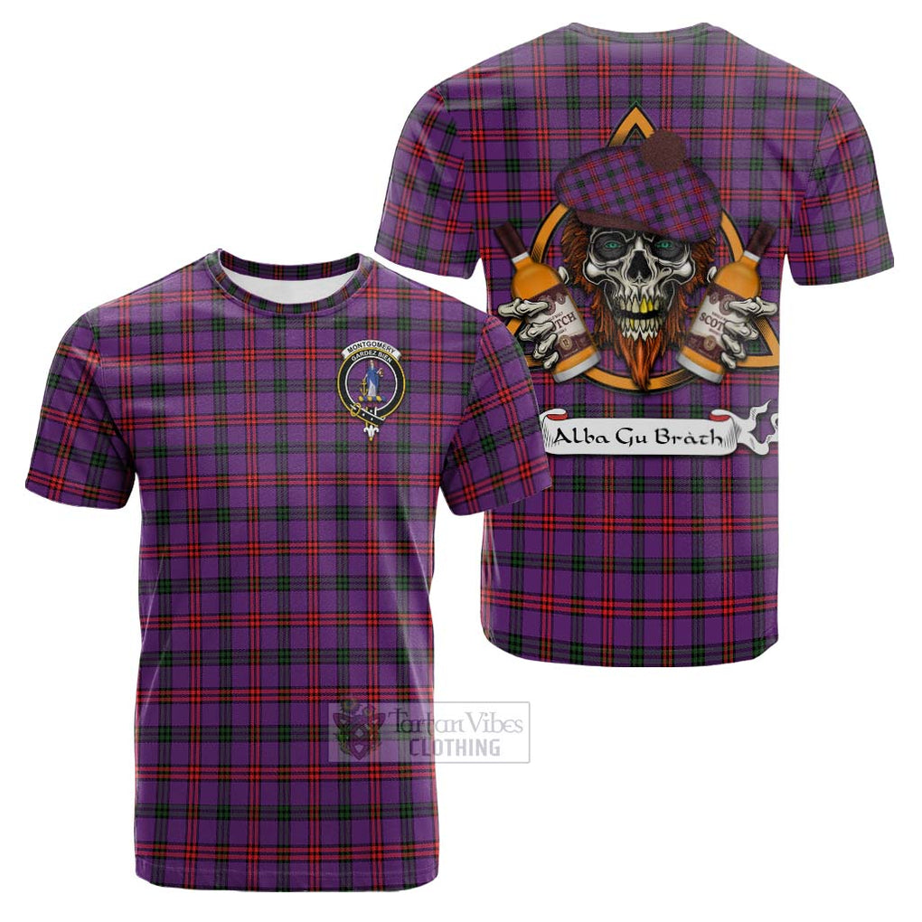 Tartan Vibes Clothing Montgomery Tartan Cotton T-shirt with Family Crest and Bearded Skull Holding Bottles of Whiskey