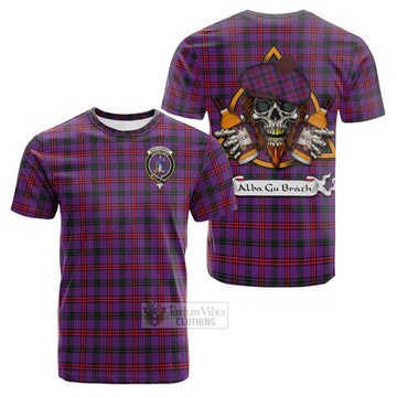 Montgomery Tartan Cotton T-shirt with Family Crest and Bearded Skull Holding Bottles of Whiskey