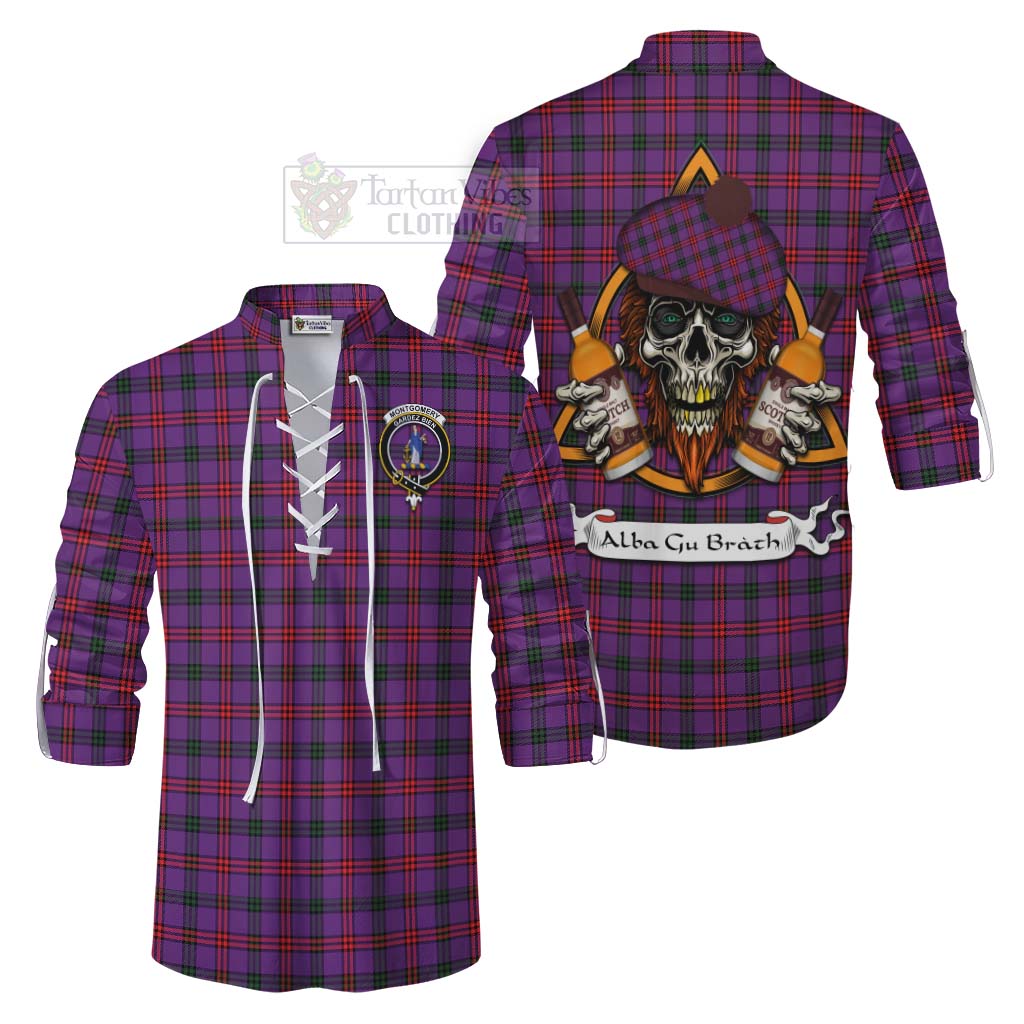 Tartan Vibes Clothing Montgomery Tartan Ghillie Kilt Shirt with Family Crest and Bearded Skull Holding Bottles of Whiskey