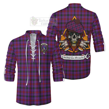 Montgomery Tartan Ghillie Kilt Shirt with Family Crest and Bearded Skull Holding Bottles of Whiskey