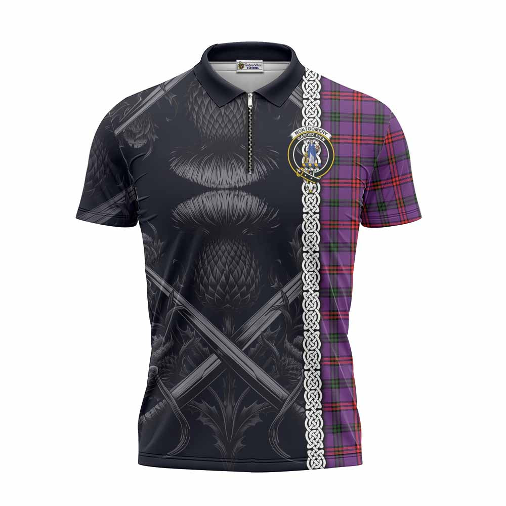 Tartan Vibes Clothing Montgomery Tartan Zipper Polo Shirt with Family Crest Cross Sword Thistle Celtic Vibes