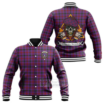 Montgomery Tartan Baseball Jacket with Family Crest and Bearded Skull Holding Bottles of Whiskey