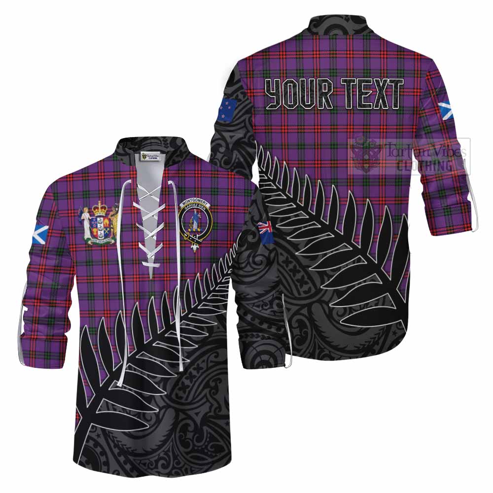 Tartan Vibes Clothing Montgomery Crest Tartan Ghillie Kilt Shirt with New Zealand Silver Fern Half Style