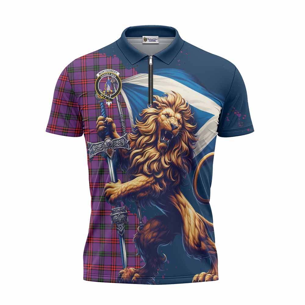 Tartan Vibes Clothing Montgomery Tartan Family Crest Zipper Polo Shirt with Scottish Majestic Lion