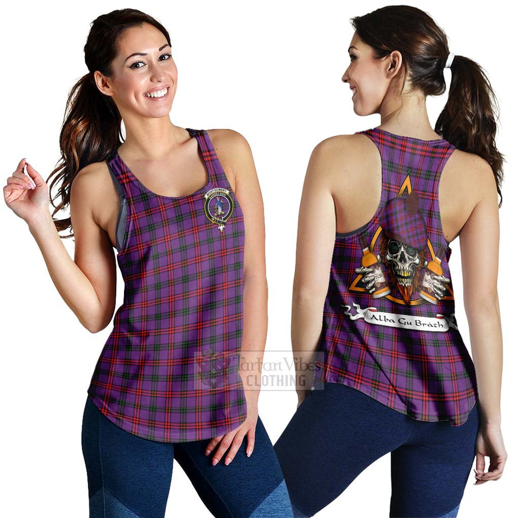 Tartan Vibes Clothing Montgomery Tartan Women's Racerback Tanks with Family Crest and Bearded Skull Holding Bottles of Whiskey