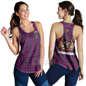 Montgomery Tartan Women's Racerback Tanks with Family Crest and Bearded Skull Holding Bottles of Whiskey