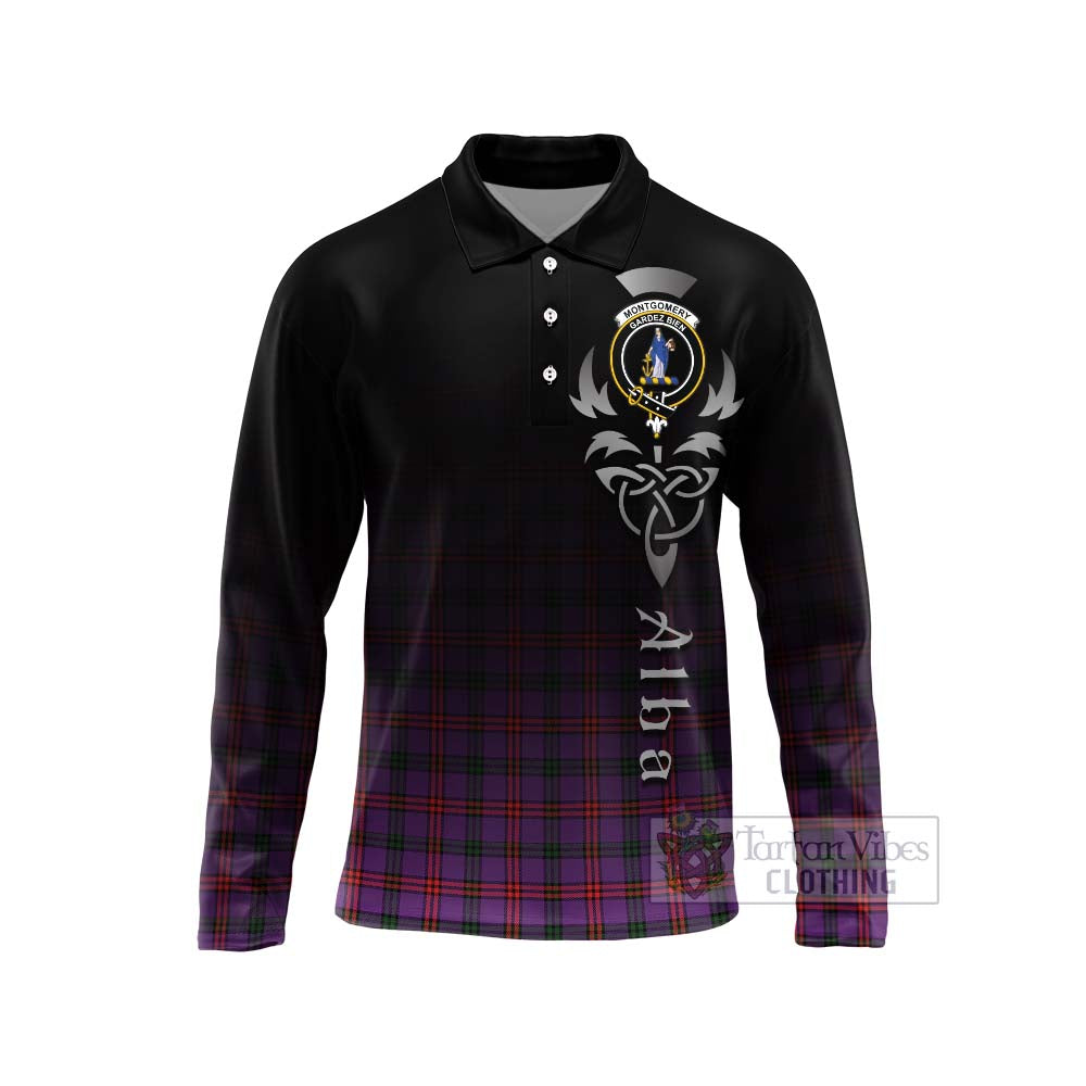 Tartan Vibes Clothing Montgomery Tartan Long Sleeve Polo Shirt Featuring Alba Gu Brath Family Crest Celtic Inspired