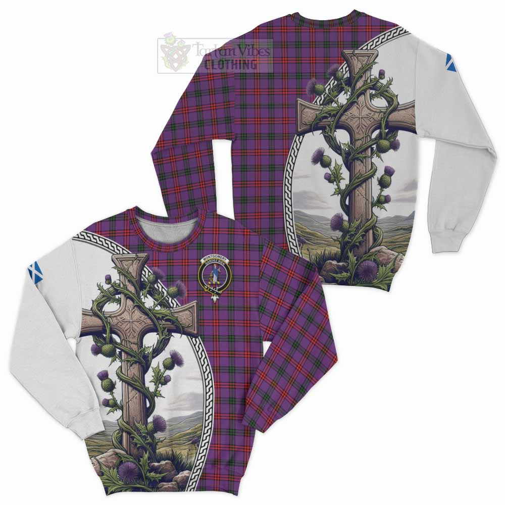 Tartan Vibes Clothing Montgomery Tartan Sweatshirt with Family Crest and St. Andrew's Cross Accented by Thistle Vines