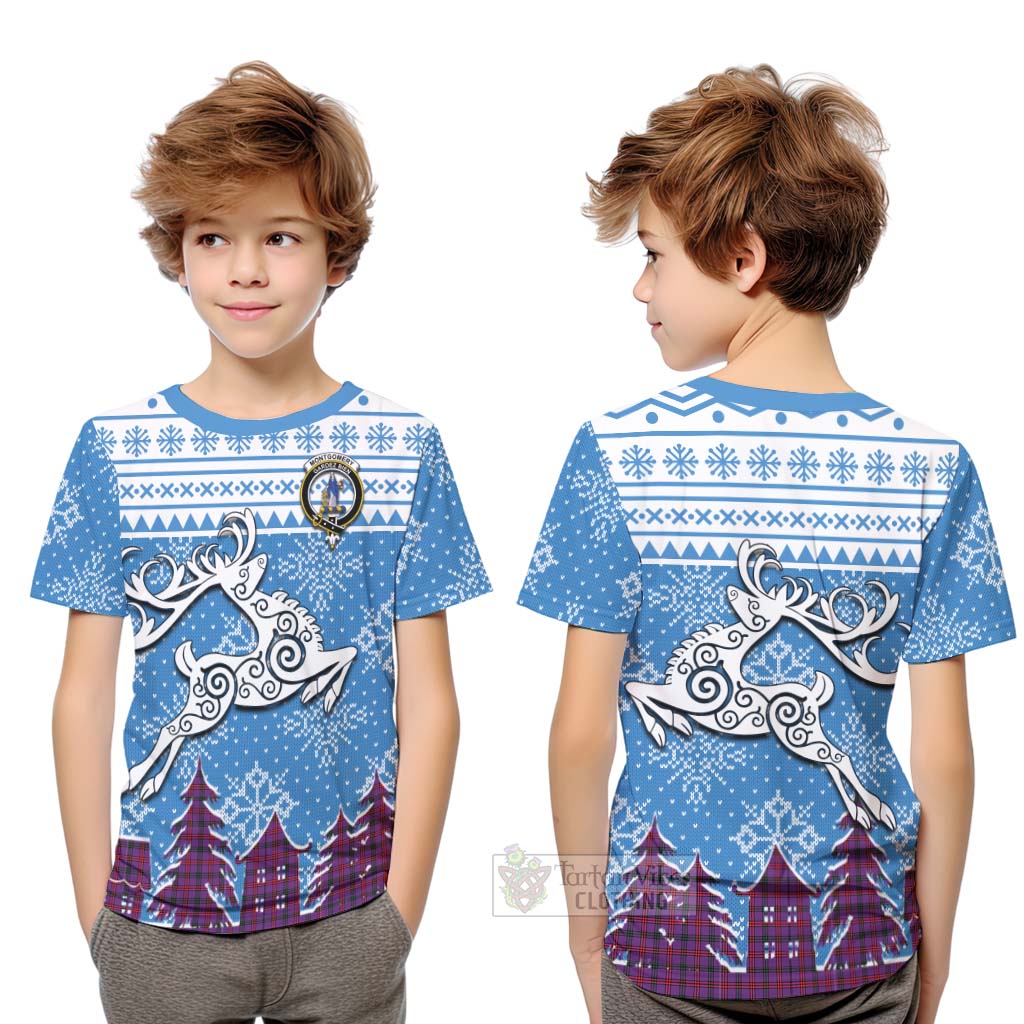 Tartan Vibes Clothing Montgomery Clan Christmas Kid T-Shirt Celtic Reindeer Style