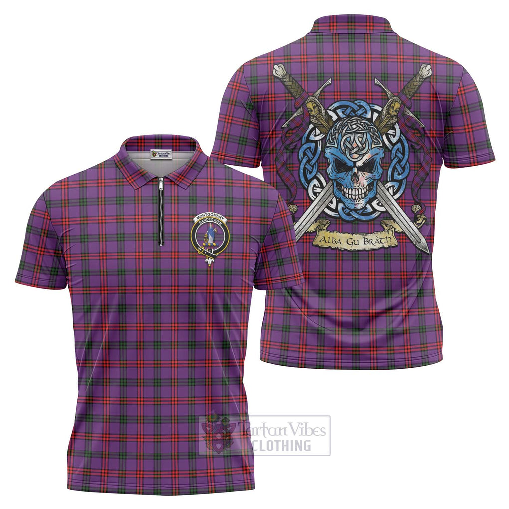 Tartan Vibes Clothing Montgomery Tartan Zipper Polo Shirt with Family Crest Celtic Skull Style