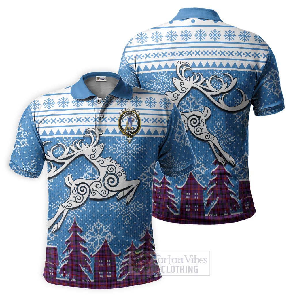 Tartan Vibes Clothing Montgomery Clan Christmas Polo Shirt Celtic Reindeer Style