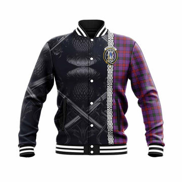 Montgomery Tartan Baseball Jacket with Family Crest Cross Sword Thistle Celtic Vibes