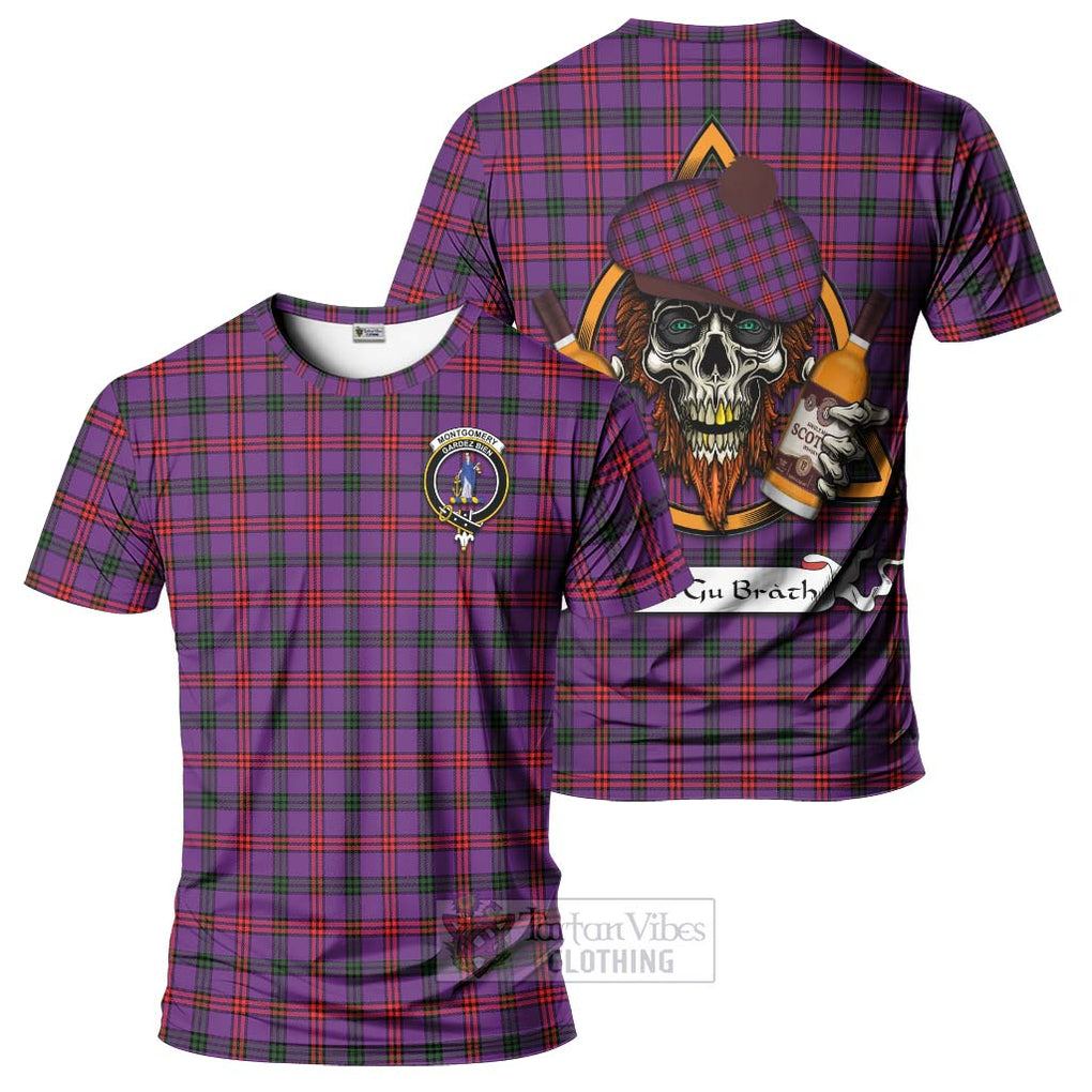 Tartan Vibes Clothing Montgomery Tartan T-Shirt with Family Crest and Bearded Skull Holding Bottles of Whiskey