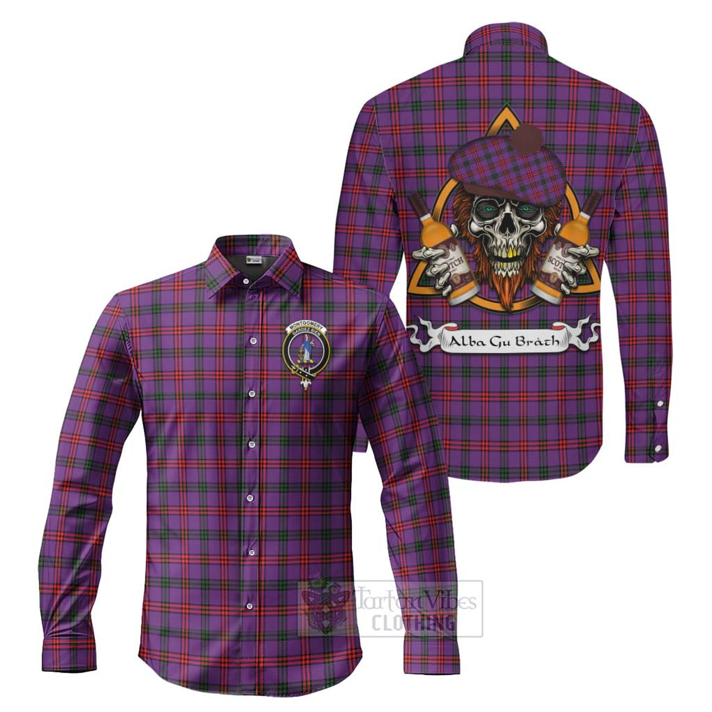 Tartan Vibes Clothing Montgomery Tartan Long Sleeve Button Shirt with Family Crest and Bearded Skull Holding Bottles of Whiskey