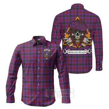 Montgomery Tartan Long Sleeve Button Shirt with Family Crest and Bearded Skull Holding Bottles of Whiskey