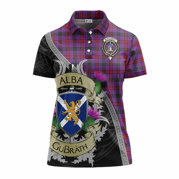 Montgomery Tartan Family Crest Women's Polo Shirt Lion Rampant Royal Thistle Shield Celtic Inspired