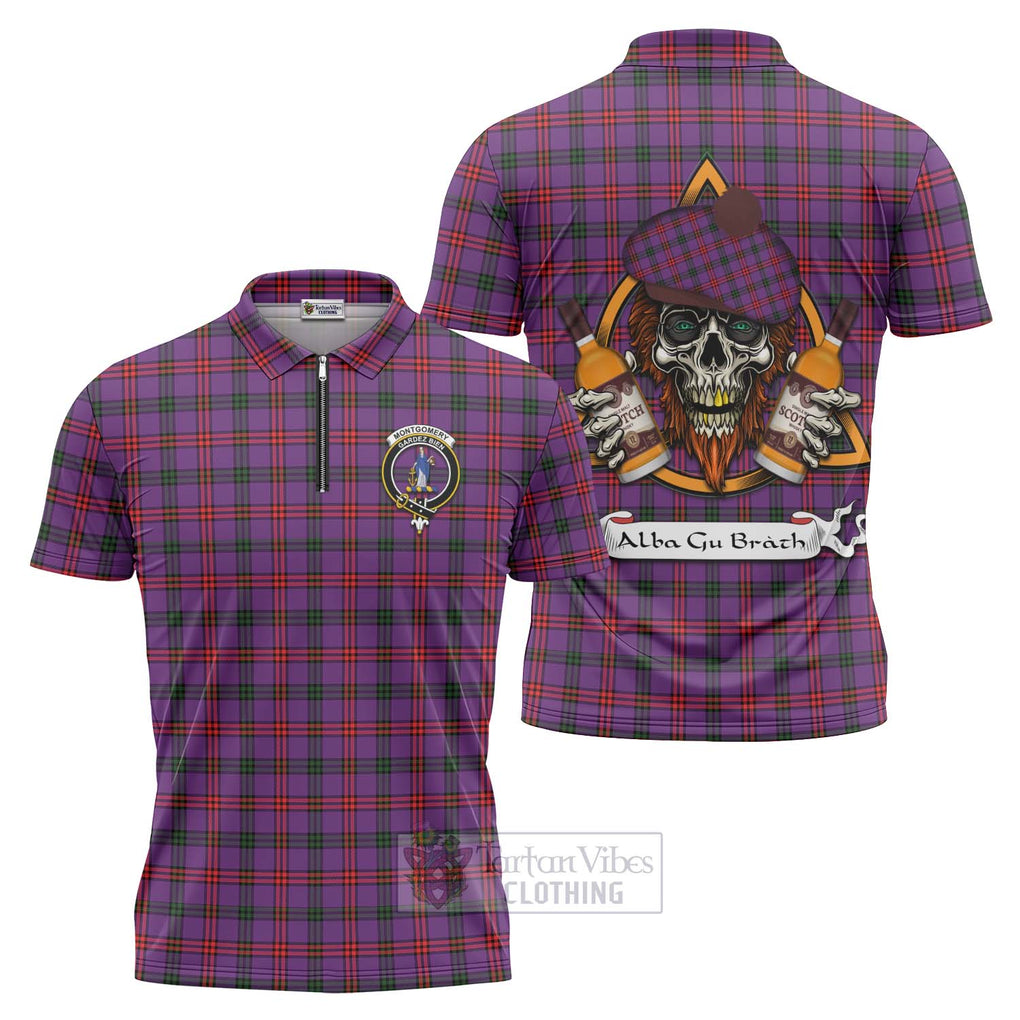 Tartan Vibes Clothing Montgomery Tartan Zipper Polo Shirt with Family Crest and Bearded Skull Holding Bottles of Whiskey