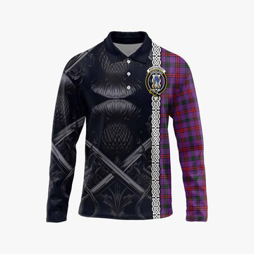 Montgomery Tartan Long Sleeve Polo Shirt with Family Crest Cross Sword Thistle Celtic Vibes