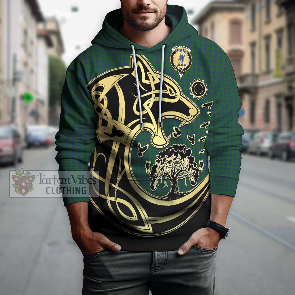 Tartan Vibes Clothing Montgomery Tartan Hoodie with Family Crest Celtic Wolf Style