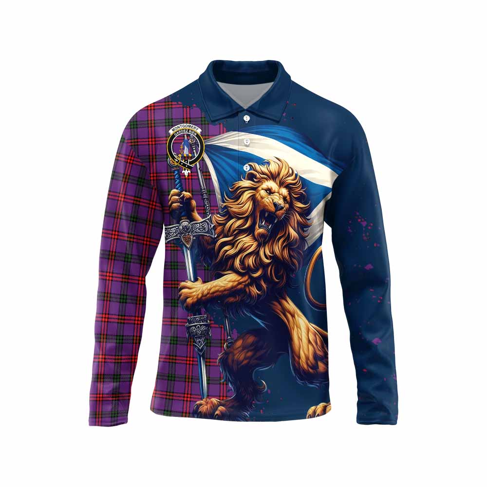 Tartan Vibes Clothing Montgomery Tartan Family Crest Long Sleeve Polo Shirt with Scottish Majestic Lion