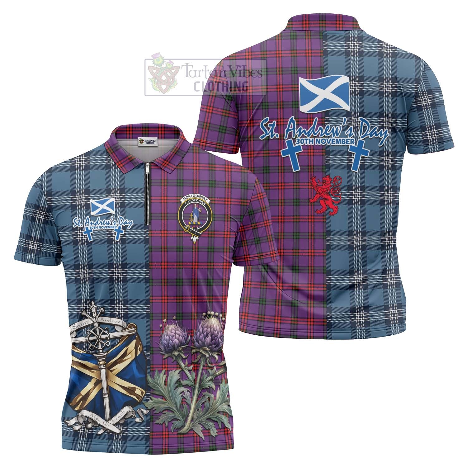 Tartan Vibes Clothing Montgomery Tartan Zipper Polo Shirt Happy St. Andrew's Day Half Tartan Style