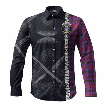 Montgomery Tartan Long Sleeve Button Shirt with Family Crest Cross Sword Thistle Celtic Vibes