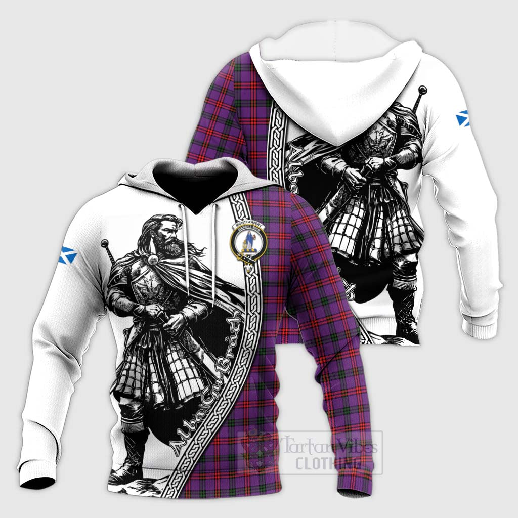 Tartan Vibes Clothing Montgomery Tartan Clan Crest Knitted Hoodie with Highlander Warrior Celtic Style