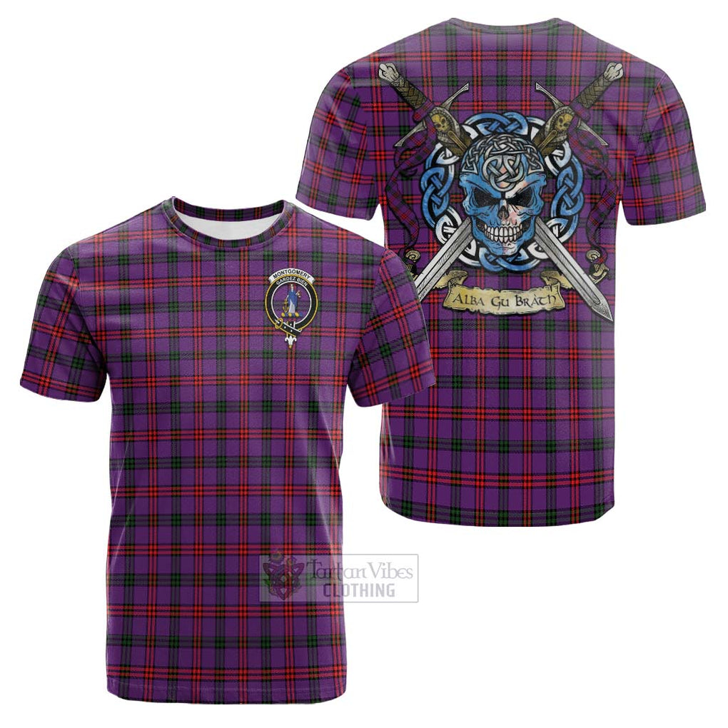 Tartan Vibes Clothing Montgomery Tartan Cotton T-shirt with Family Crest Celtic Skull Style