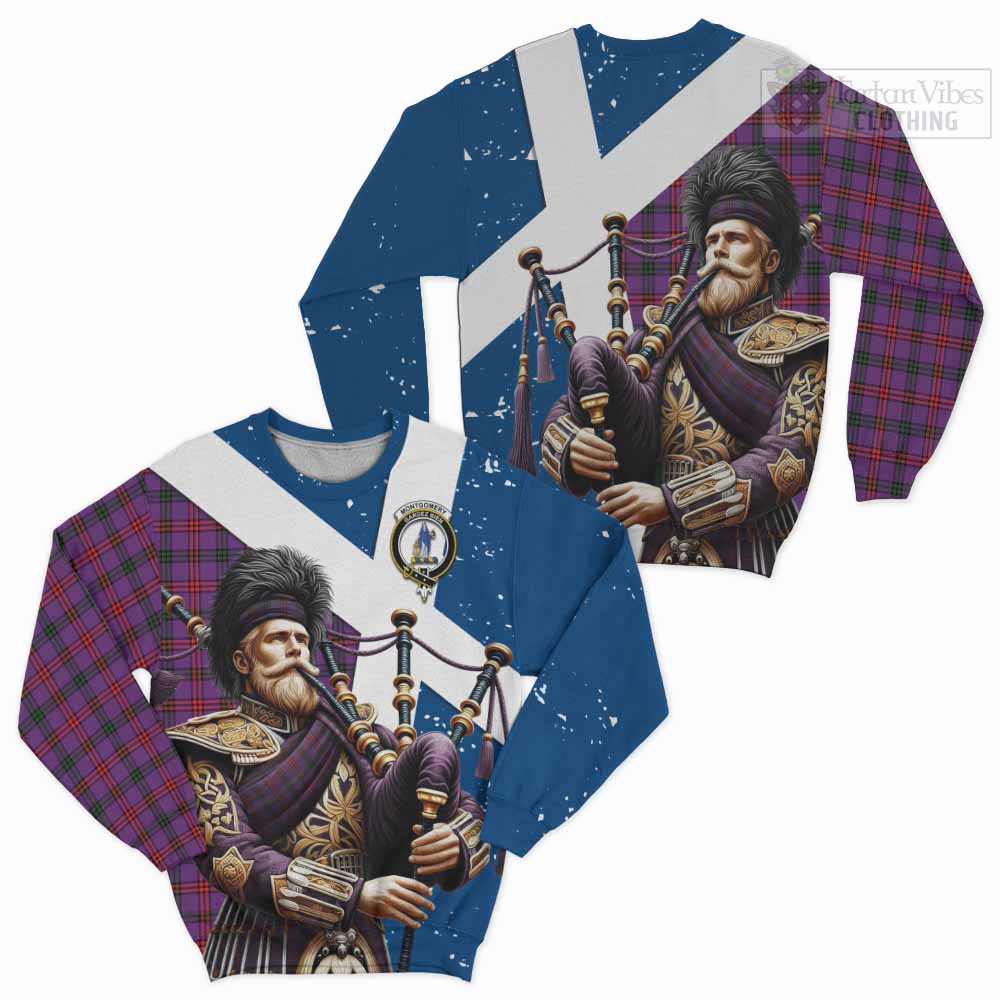 Tartan Vibes Clothing Montgomery Tartan Sweatshirt with Family Crest Scottish Bagpiper Vibes