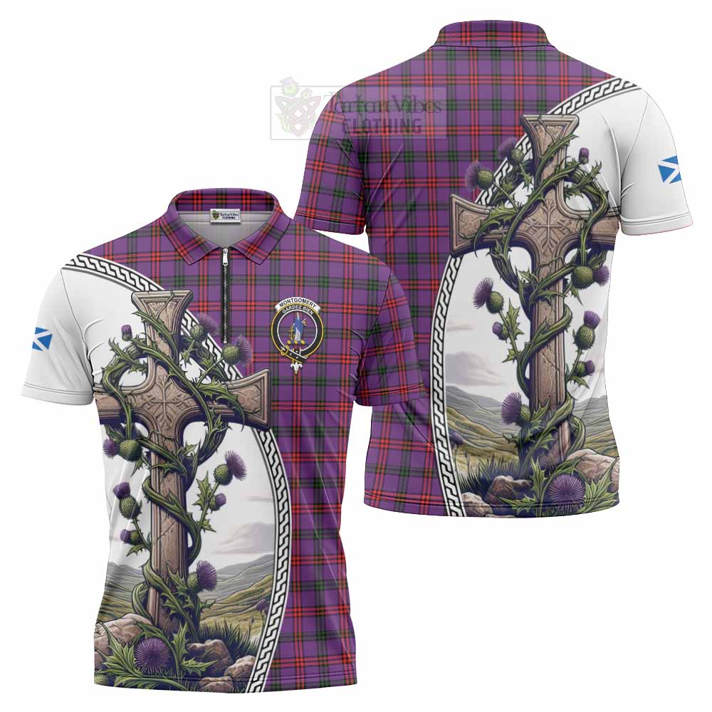 Tartan Vibes Clothing Montgomery Tartan Zipper Polo Shirt with Family Crest and St. Andrew's Cross Accented by Thistle Vines