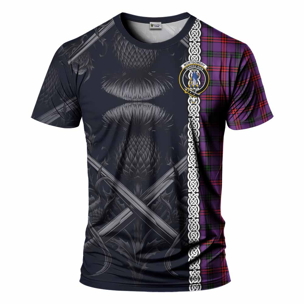 Tartan Vibes Clothing Montgomery Tartan T-Shirt with Family Crest Cross Sword Thistle Celtic Vibes