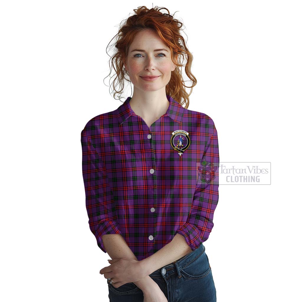 Tartan Vibes Clothing Montgomery Tartan Women's Casual Shirt with Family Crest and Bearded Skull Holding Bottles of Whiskey