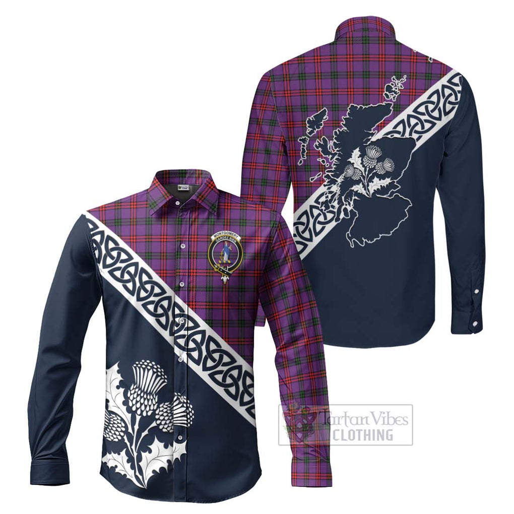 Tartan Vibes Clothing Montgomery Tartan Long Sleeve Button Shirt Featuring Thistle and Scotland Map