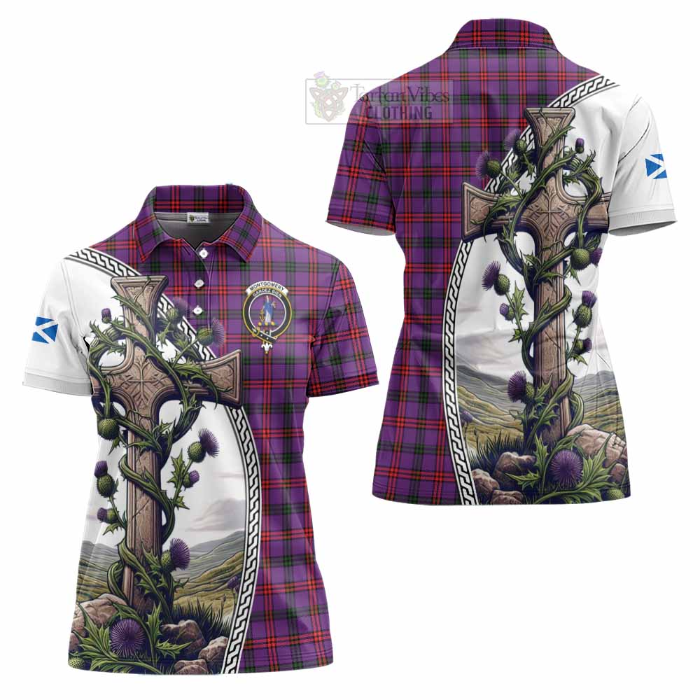 Tartan Vibes Clothing Montgomery Tartan Women's Polo Shirt with Family Crest and St. Andrew's Cross Accented by Thistle Vines