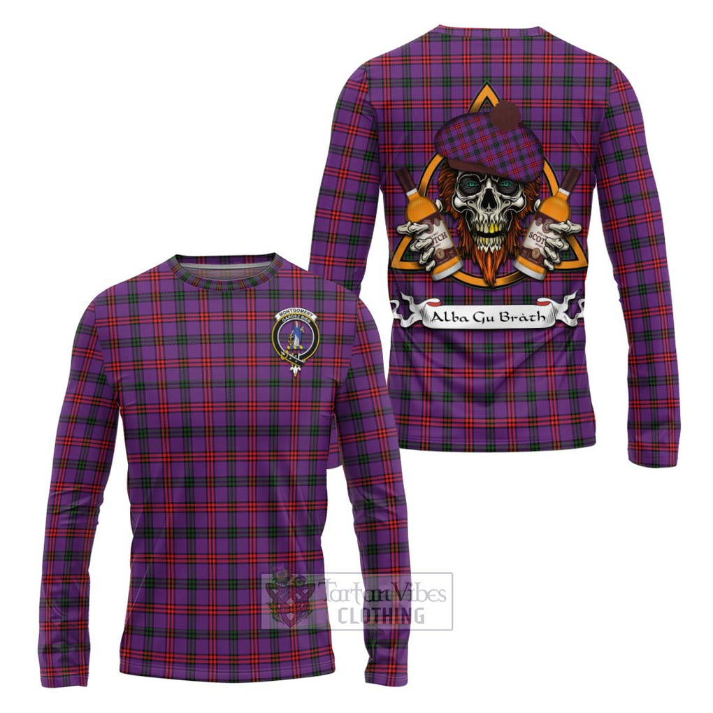 Tartan Vibes Clothing Montgomery Tartan Long Sleeve T-Shirt with Family Crest and Bearded Skull Holding Bottles of Whiskey