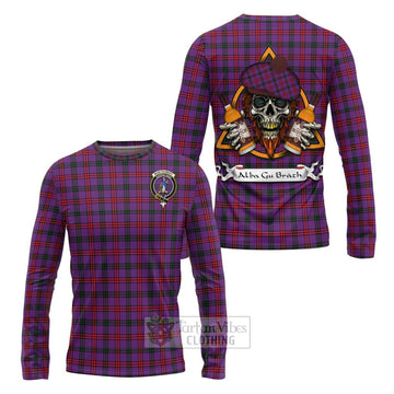 Montgomery Tartan Long Sleeve T-Shirt with Family Crest and Bearded Skull Holding Bottles of Whiskey