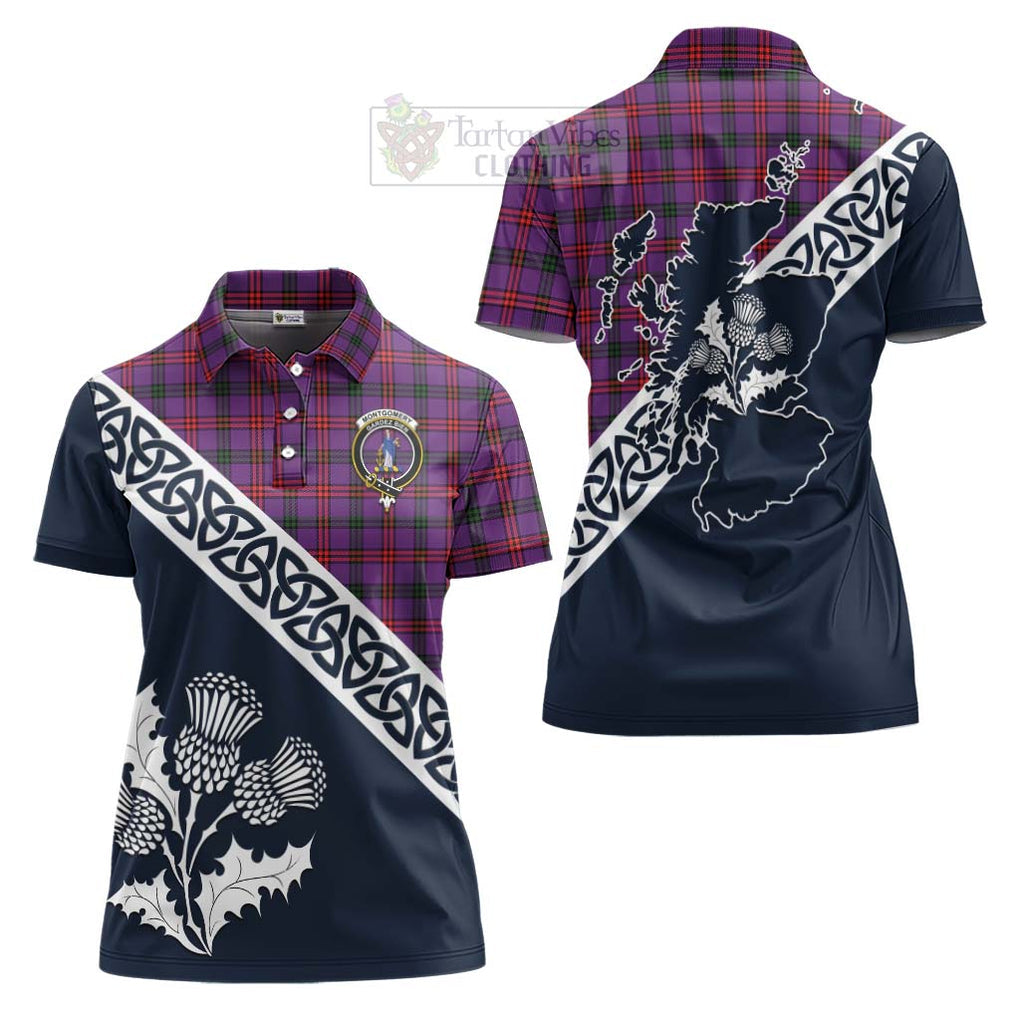 Tartan Vibes Clothing Montgomery Tartan Women's Polo Shirt Featuring Thistle and Scotland Map