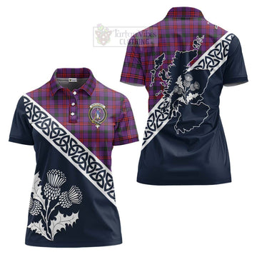 Montgomery Tartan Women's Polo Shirt Featuring Thistle and Scotland Map