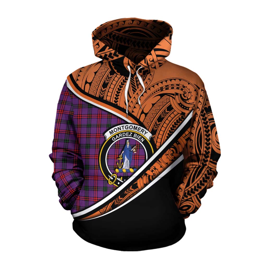 Tartan Vibes Clothing Montgomery Crest Tartan Cotton Hoodie with Maori Tattoo Style - Orange Version